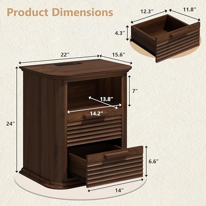 22'' Fluted Nightstand with Charging Station Set of 2, Modern End Table with 2 Drawers and Open Storage, Wood Night Stand with Round Corner, Side Table for Bedroom, Living Room, Curved Profile,Walnut