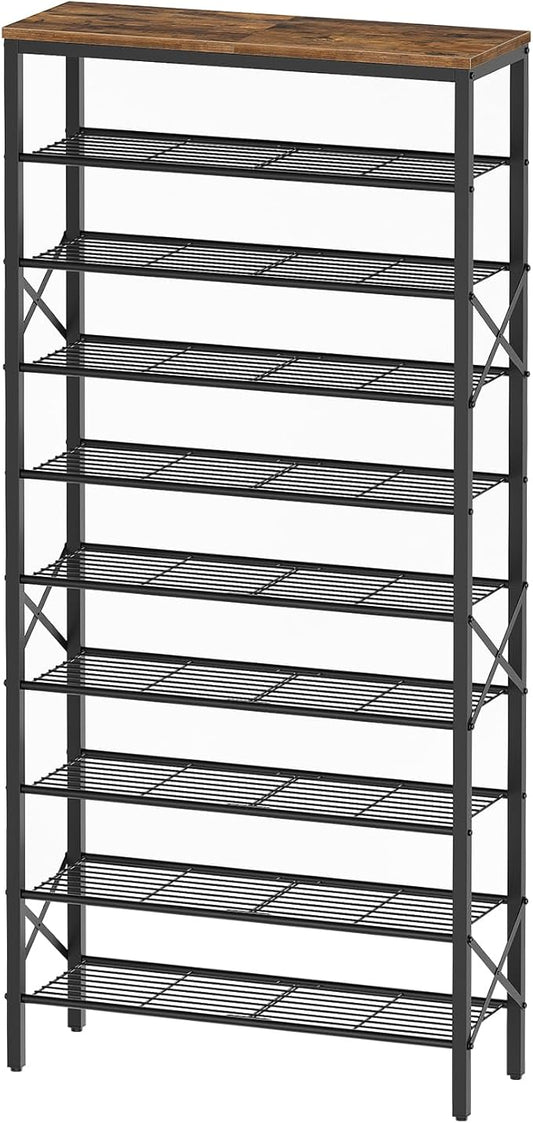 10 Tier Shoe Rack, Large Capacity Shoe Storage Organizer Holds 40 Pairs, Sturdy and Stable, for Entryway, Hallway, Closet, Dorm Room, Rustic Brown SS10BR