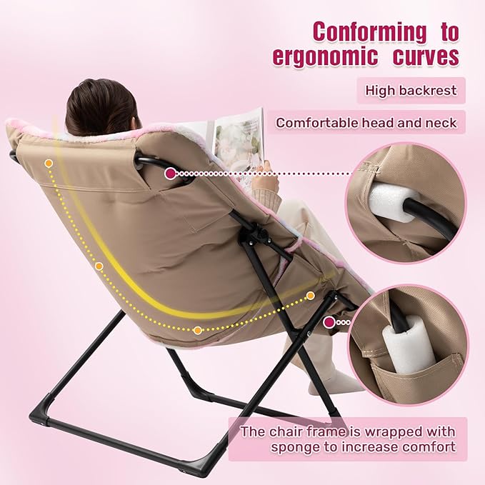 HollyHOME X-Large Saucer Chair, Comfy Oversized Folding Chair, Faux-Fur Reading Chair for Teens, Adults, Foldable Accent Lazy Chair, Metal Frame Lounge Chair for Living Room, Bedroom, Dorm, Colorful