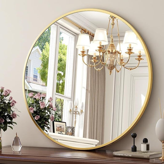 30 Inch Round Mirror - Circle Mirrors for Bathroom, Entryway and Living Room Wall Decor, Modern Hanging Vanity Mirror, Matte Gold Circle Decorative Wall Mirror