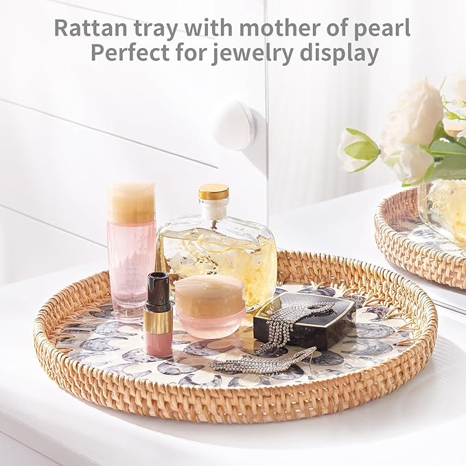 Rattan Tray with Mother of Pearl Inlay, Round Rattan Serving Tray with Wooden Base, Decorative Wicker Basket for Table Decor, Storage and Display of Jewelry Coffee Bread Food Fruit (Sapphire Blue)