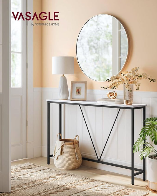 VASAGLE Console Sofa Table, Narrow Entryway Table, for Living Room, Bedroom, Easy Assembly, Marble White and Ink Black ULNT020W01