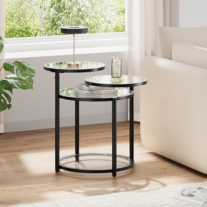 Round Glass Coffee Table - 4 Tier Coffee Tables for Living Room with Rotating Top, Circle Coffee Table with Storage, Modern Clear Center Table with Metal Frame for Small Space, Office, Black