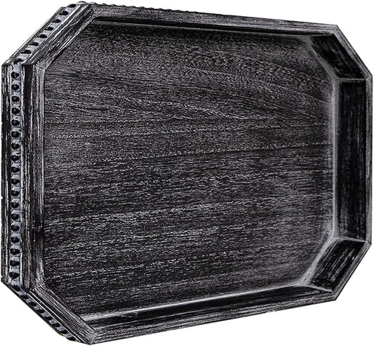 Decorative Coffee Table Serving Tray, Long Octagonal Black Wood Tray with Wooden Bead, Farmhouse Big for Ottoman Table, Countertop, Home Decor, 16.5"x13"x1.6" (Retro Black)