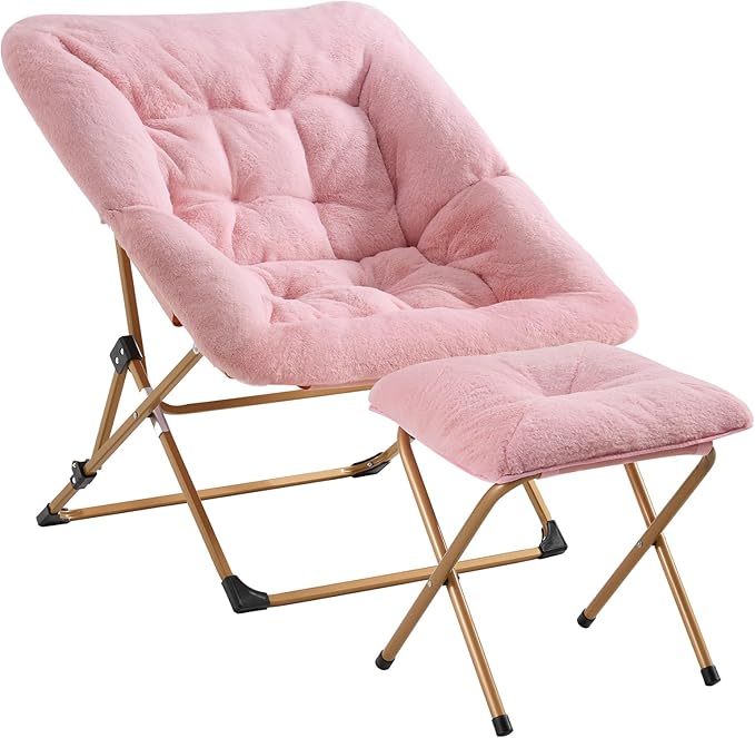 OAKHAM Comfy Chair for Adults, Soft Faux Fur Folding Lounge for Bedroom Living Room Dorm Rooms Flexible Reading Chair for Teens Kids, X-Large Foldable (Ottoman-Pink)