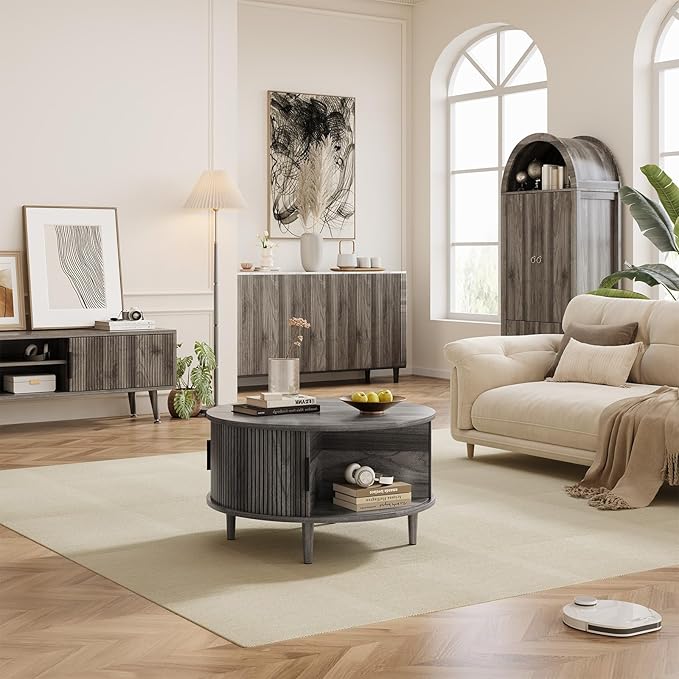 Mid Century Round Coffee Table, Fluted Center Table with Sliding Door, Modern Dining Table with Storage for Home Living Room Office, 31.5", Gray