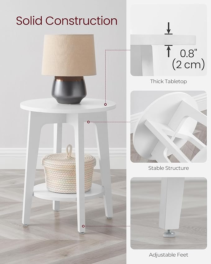 VASAGLE MAEZO Collection - Side Table, 2-Tier Small Round End Table, Nightstand with Tapered Legs, Curved Transitions, for Small Spaces, Living Room, Bedroom, Cloud White ULET283T14