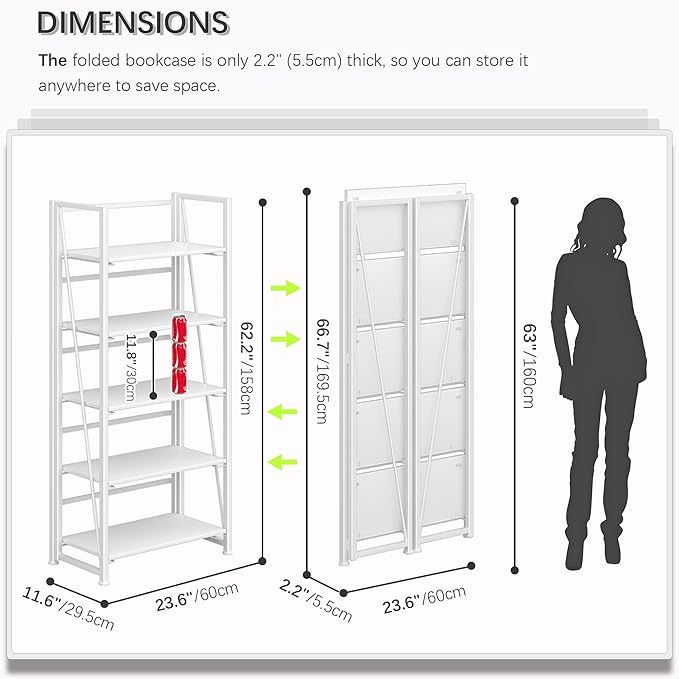 4NM No Assembly Folding Bookshelf, 5-Shelf 62.2" H Collapsible Foldable Bookcase Storage for Small Spaces, All White