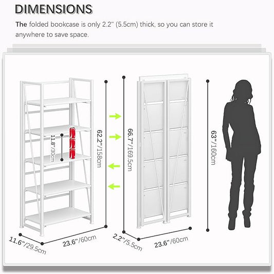 4NM No Assembly Folding Bookshelf, 5-Shelf 62.2" H Collapsible Foldable Bookcase Storage for Small Spaces, All White