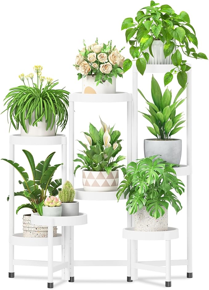 iDavosic.ly 8 Tier Folding Plant Stand Indoor Outdoor with Plastic Tray, Tiered Corner Flower Holder Shelf, Metal Orchid Display Rack for Patio Porch Living Room Garden Balcony, White