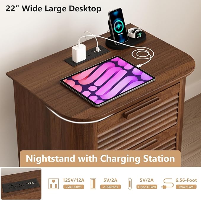 22'' Fluted Nightstand with Charging Station, Modern End Table with 3 Drawers and Storage, Wood Night Stand with Round Corner, Side Table Dresser for Bedroom, Living Room, Curved Profile,Walnut