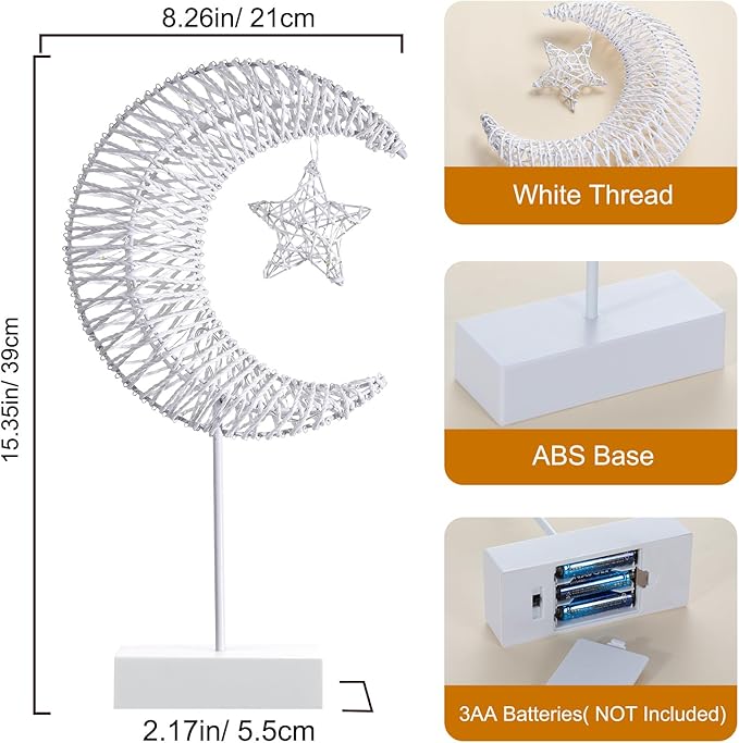 Lewondr Decorative Table Lamp, Christmas Moon Star Ramadan Desk Lamp Battery Powered Warm LED Crescent Light for Xmas Home Bedroom Bedside Desktop Nightstand Decoration, White