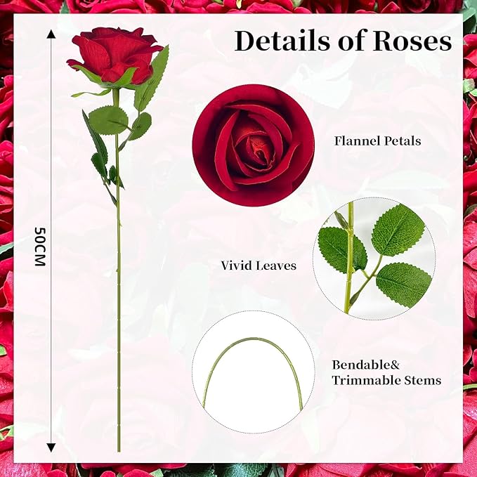 10 PCS Artificial Roses with Long Stems Silk Flowers Realistic Foam Flowers Fake Roses for Valentine's Day Home Wedding Halloween Decor(Brilliant Red)