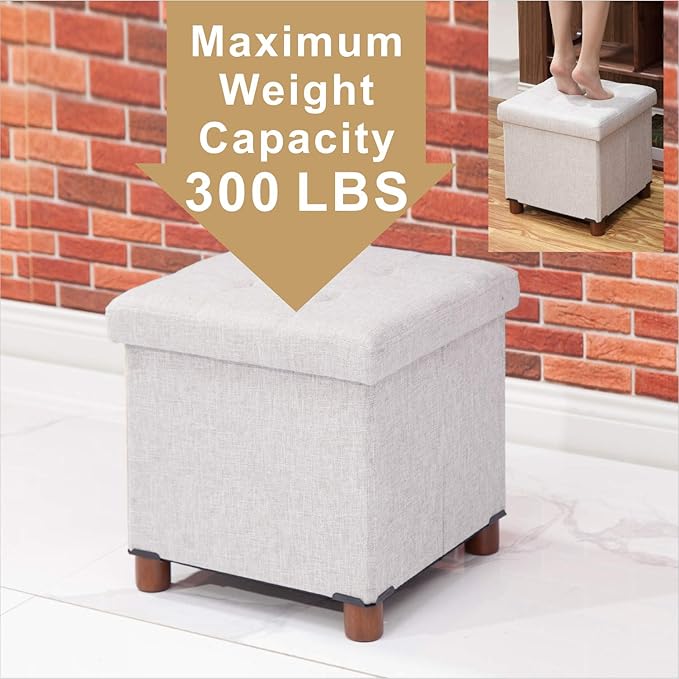 15 Inch Storage Ottoman with Wooden Legs - Cube Foot Rest Stool, Square Footstool, Comfortable Seat with Lid, Foldable Fabric Ottoman, Space-Saving White
