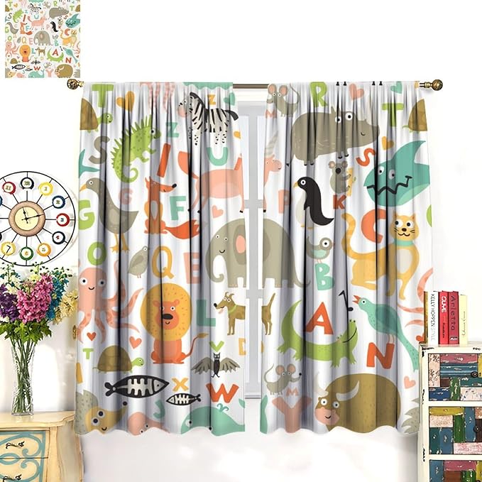 Alphabet Curtains，Cute Cartoon Animals English Pattern Blackout Print Window Drapes for Bedroom Living Room 55x63 Inch