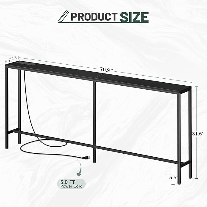 70 Inch Console Table with Outlet, Sofa Table with Charge Station Long Entryway Table for Office, Hallway, Bedroom, Living Room(Charcoal Black)