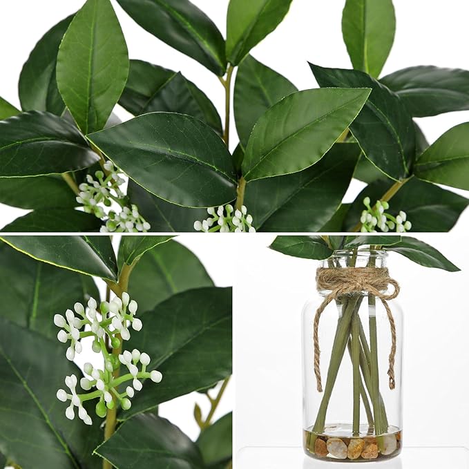 DILATATA Artificial Laurel Stems in Glass Vase with Faux Water and Real Stones 14" Fake Greenery Plant Bay Leaves for Home Office Farmhouse Bathroom Bedroom Kitchen Table Centerpiece Decor