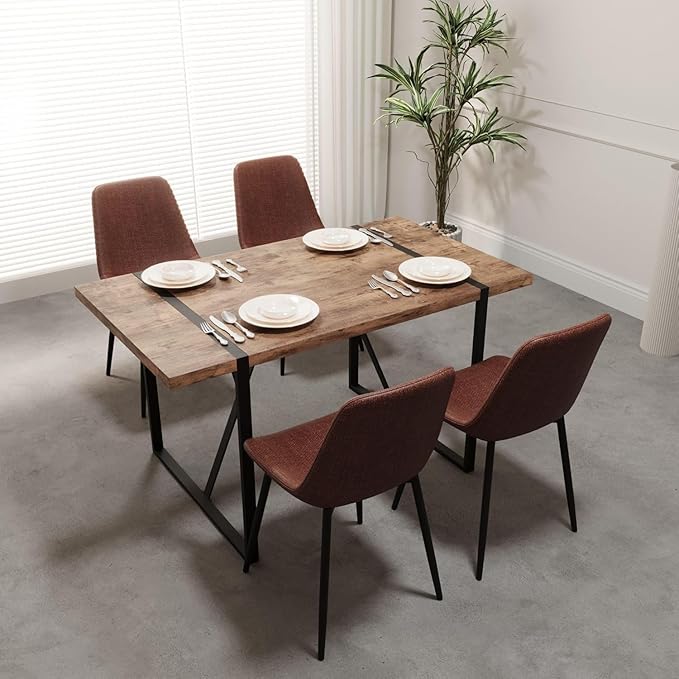 Modern Wooden Dining Table, 55'' Wooden Rectangle Table, Kitchen & Dining Room Table, Modern Kitchen Dining Table with Black Metal Legs for Living Room & Dining Room(Light Brown, 55 in)