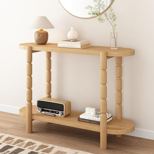 Farmhouse Entryway Table with Storage-43.4" Narrow Console Table with Solid Wood Legs, 2 Tiers Rounded Corners Sofa Tables for Living Room，Hallway, Entrance, Foyer, Natural