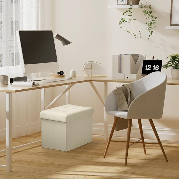 Storage Ottoman, Folding Foot Stool with Thicker Foam Padded Seat Small Leather Storage Ottoman Bench Foot Rest for Living Room Foldable Coffee Table 17x13x13in,Beige