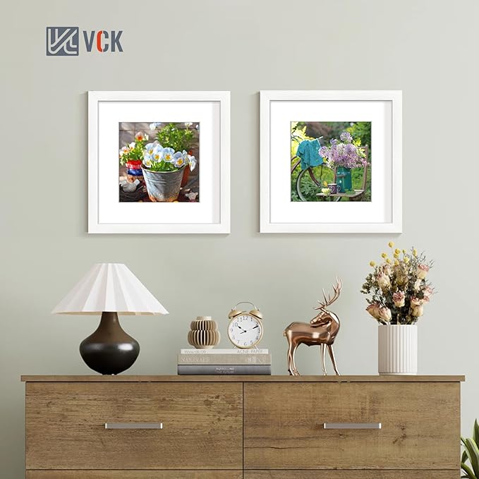 VCK 12x12 Picture Frame Set of 2 - White, Textured Modern Square Wooden Frames with HD Glass, Display Photo 8x8 with Mat or 12x12 Without Mat, Wall Hanging