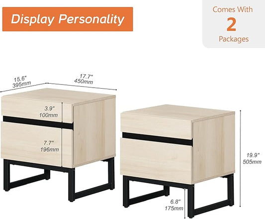 WAMPAT 2 Pack Modern End Table with 2 Drawers, Farmhouse Sofa Table with Black Square Iron Leg, Wood Rustic Side End Table for Living Room, Nighstand for Bedroom, Light Oak