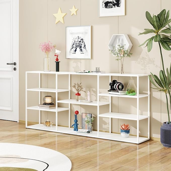 71 Inch Metal Console Table with 8 Storage Shelves,Extra Long Entryway Table,Narrow Sofa Table,Hallway Table for Entrances to Corridor, Foyer,Living Room (White, 70.87×11.81×31.5)