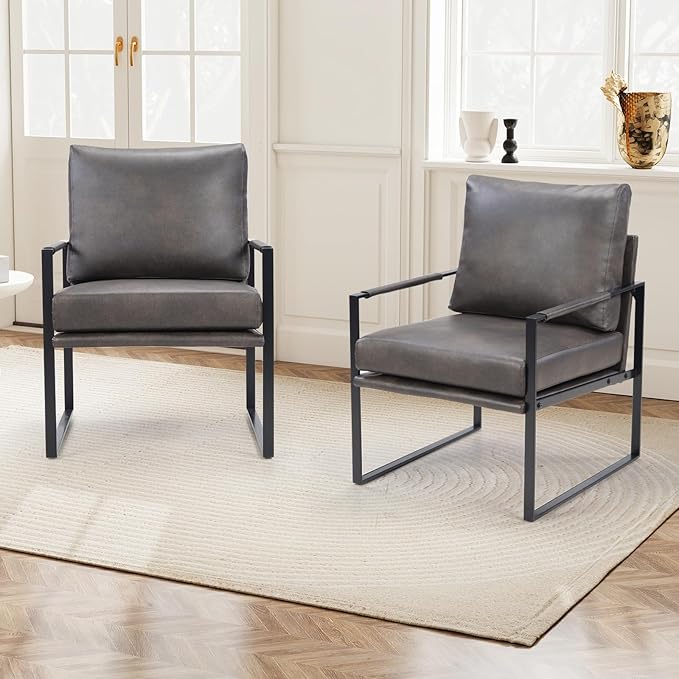 INZOY Mid Century Modern Accent Chair with Removable Cushions Set of 2, Comfy PU Leather Living Room Chairs with Thicker Backrest and Cushion, Metal Frame Design, Dark Grey
