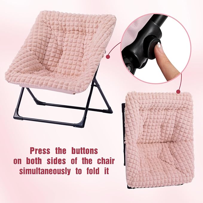HollyHOME X-Large Saucer Chair, Comfy Oversized Folding Chair, Faux-Fur Reading Chair for Teens, Adults, Foldable Accent Lazy Chair, Metal Lounge Chair for Living Room, Bedroom, Dorm, Grid Pink