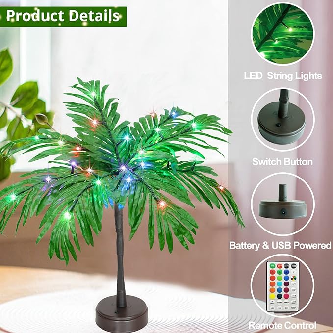 18 Color Changing Lighted Palm Tree Table Decor, 23 in Tropical Artificial Palm Tree Lights Branches Battery USB Powered, LED Table Centerpiece for Luau Summer Hawaiian Party Home