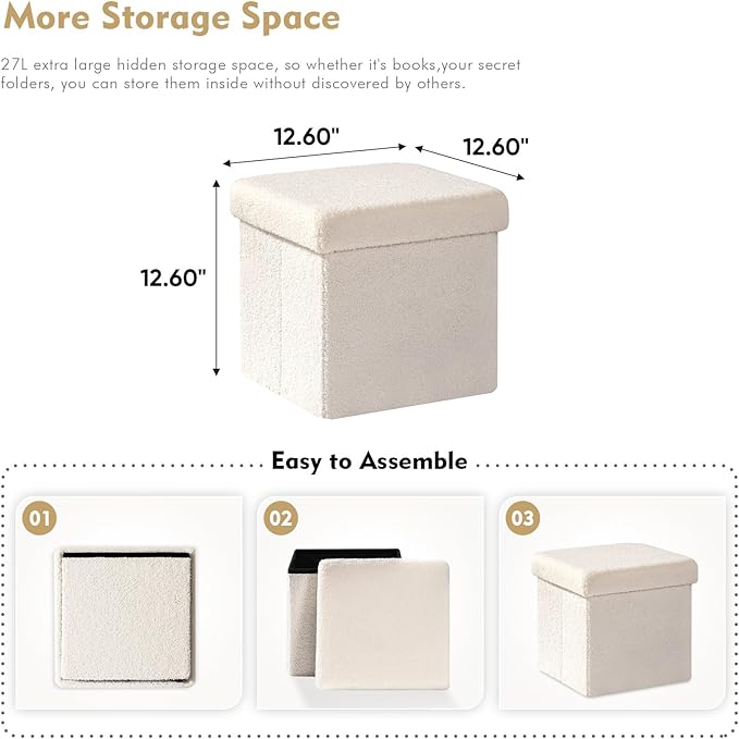 B FSOBEIIALEO Small Storage Ottoman Cube Sherpa Ottomans Foot Rest, Foldable Boucle Ottoman, Faux Teddy Fur, Cream White 12.6"x12.6"x12.6"