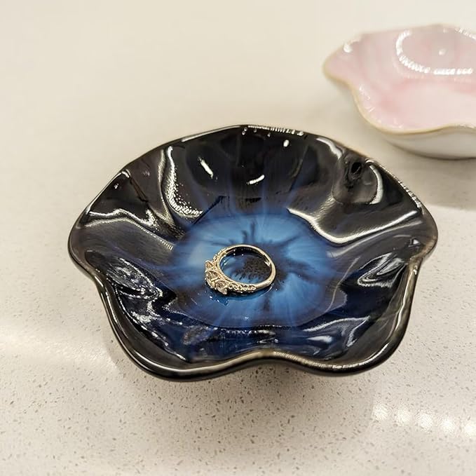 2Pcs Ceramic Jewelry Dish - Lotus Leaf Shape, for Ring Holder Necklace Small Key, Suitable for Mother Friend Sister, Gifts for Women, Cute Plate Trinket Tray, Home Decor (Crystal Green & Blue)