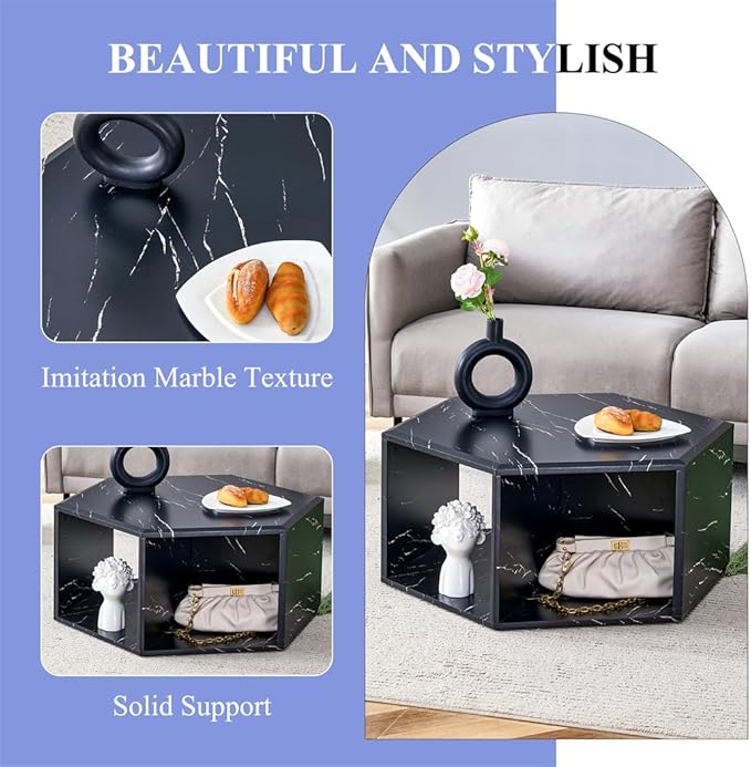 Modern Faux Marble Coffee Table with Storage, Geometric Living Room Table, Black Hexagon Tabletop with Compartments for Books, Decor & Drinks