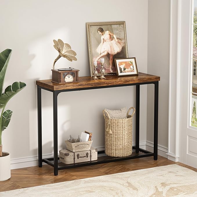 32" Small Console Table, 2-Tier Entryway Table, Sofa Table with Mesh Shelves, Console Tables for Living Room, Bedroom, Hallway, Entryway, Foyer, Rustic Brown