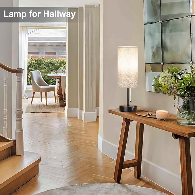 Grey Bedside Lamp for Bedroom Nightstand - Small Table Lamp with USB A + C Charging Port, 3 Color Temperatures Pull Chain Night Stand Light with Bulb, Side Table Desk Reading Lamp for Living Room/Dorm