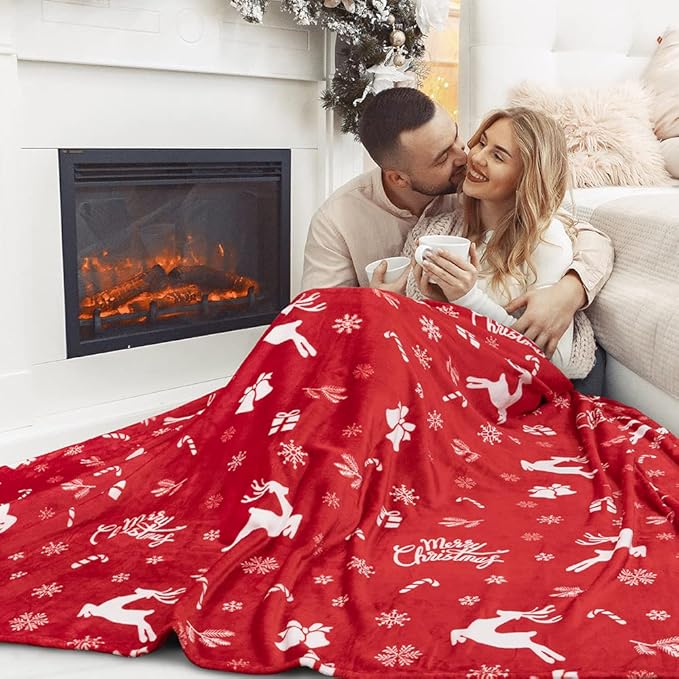 PAVILIA Premium Christmas Sherpa Throw Blanket | Christmas Decoration Gift, Fleece, Plush, Warm, Cozy Reversible Microfiber Holiday Blanket | Red Reindeer - 60x80 Twin