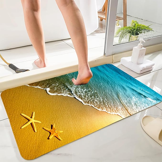 Bath Rugs Sponge Foam Absorbent Soft for Bathroom and Kitchen (21X35.5 inches), Flannel Mat Non Slip Bright 3D Print for Bedside and Living Room(Starfish Beach)