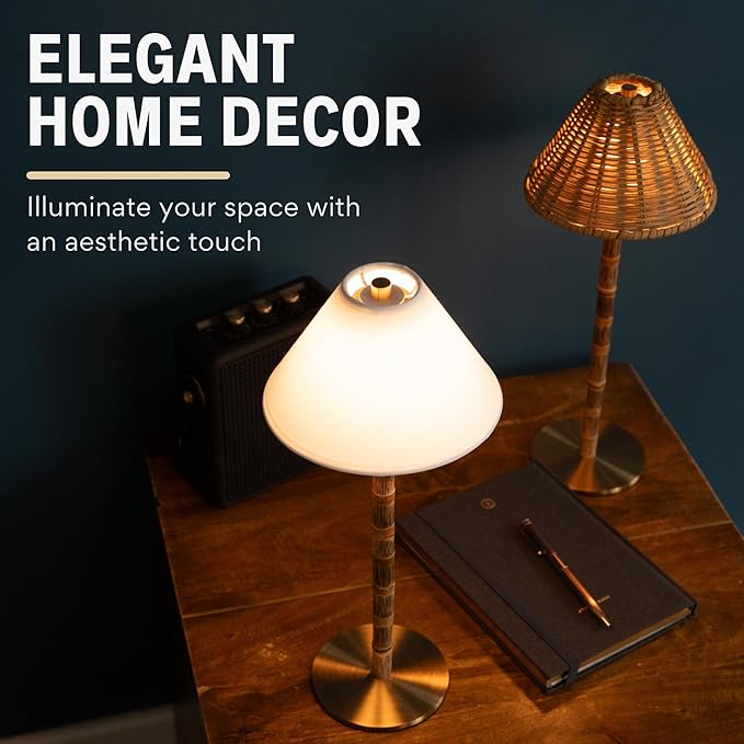 Bamboo Cordless LED Table Lamp – Rechargeable 24-Hour Battery, Dimmable Warm Light, 15" Portable Wireless Lamp with Remote for Indoor/Outdoor Use, Home, Patio, Restaurant – Coastal White