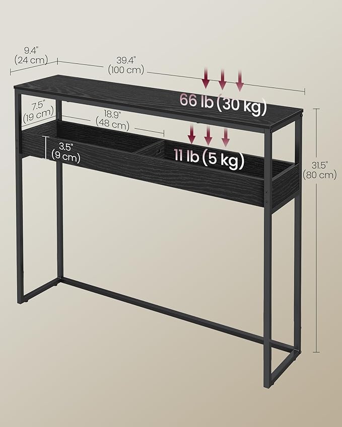 VASAGLE 2-Tier Entryway Table, Narrow Console Table, Semi-Open Compartments, 9.4 x 39.4 x 31.5 Inches, for Hallway, Living Room, Ebony Black and Ink Black ULNT091B01
