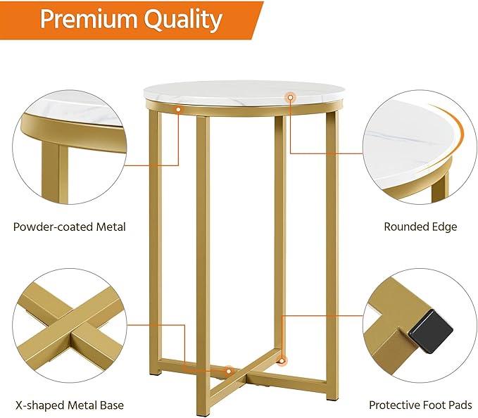 Yaheetech Round End Table Set of 2,16in Faux Marble Accent Table,Modern Side Table with Marble Top and Metal Frame,Small Coffee Table Telephone Table for Living Room/Small Space,Gold