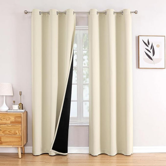 ChrisDowa 100% Blackout Curtains 78 inch Long for Bedroom with Black Liner, 2 Thick Layers Total Blackout Thermal Insulated Grommet Window Curtains 2 Panels Set (Light Beige, 42 x 78 Inch)