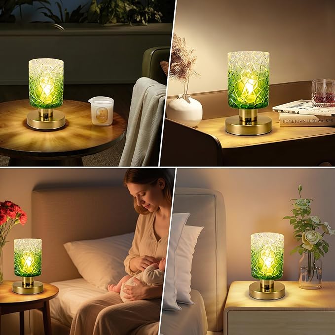 Modern Table Lamp with Remote Control, Cordless Dimmable Desk Lamp for Bedroom, Rechargeable Battery Operated, Touch Lamps for Night Stands Living Room, Bulb Included (Green Gradient)