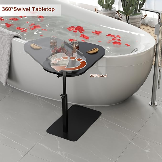 Solid Wood C Shaped Side Table for Sofa/Bed, Adjustable Height C Shaped End Table Metal Base, 360°Swivel/Flip Top Couch Tables That Slide Under, Small Spaces Laptop Stand Coffee Table (Black)