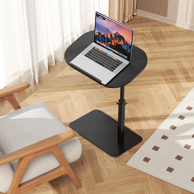 Solid Wood C Shaped Side Table for Sofa/Bed, Adjustable Height C Shaped End Table Metal Base, 360°Swivel/Flip Top Couch Tables That Slide Under, Small Spaces Laptop Stand Coffee Table (Black)
