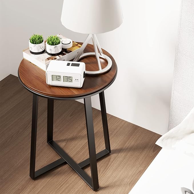 Round End Tables, Small Side Table Walnut Color MDF Top, Metal Frame Black, Tall End Table for Bed Room, Coffee Tea End Table for Living Room(Walnut+Black)