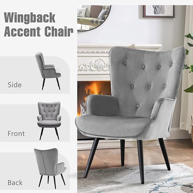 Furniliving Velvet Accent Chair for Living Room, Upholstered Reading Chair with High Backrest, Tufted-Button Wingback Armchair for Bedroom, Dressing Room, Home Office, Light Grey, Set of 2