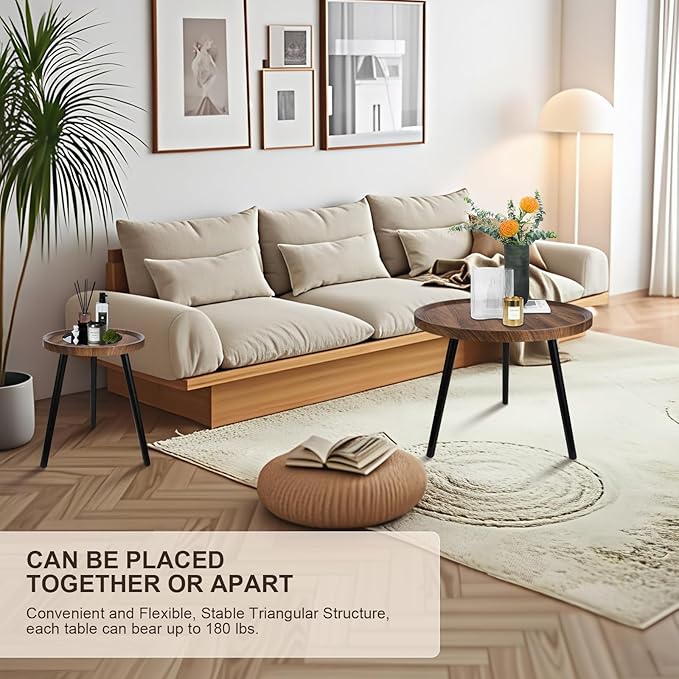 Nesting Coffee Table Set of 2, Modern Round Coffee Tables Nesting Side Table Set, Easy Assembly Nesting Tables for Living Room, Walnut Wood End Tables for Home Office Yard