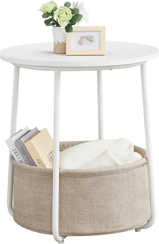 VASAGLE LILEA Collection - Small Round Side End Table, Modern Nightstand with Fabric Basket, Matte White and Camel Brown ULET223W10