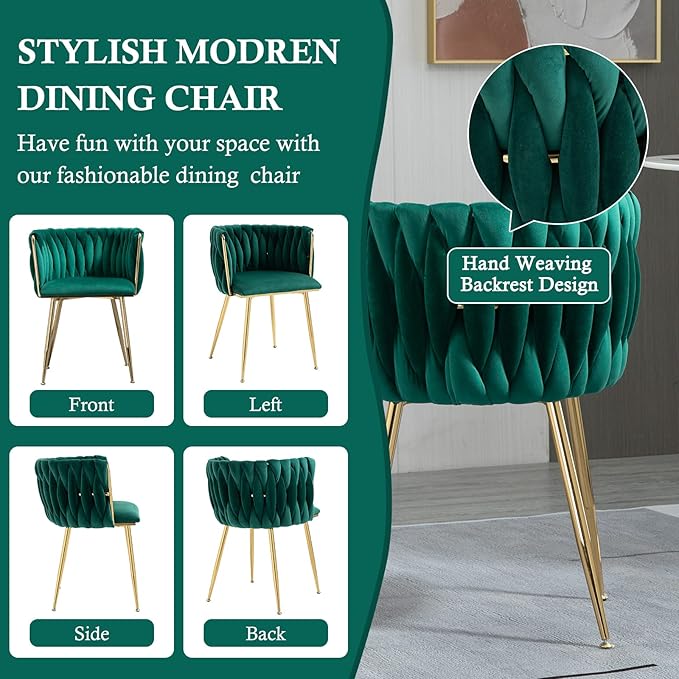 NIOIIKIT Modern Velvet Dining Chairs Hand Weaving Accent Chairs Living Room Chairs Upholstered Side Chair with Golden Metal Legs for Dining Room Kitchen Vanity Living Room (Emerald)