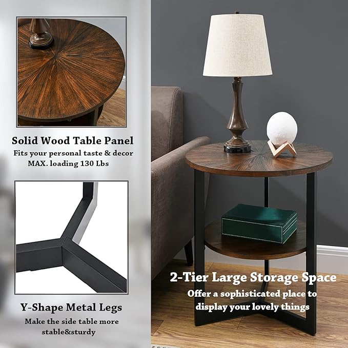 Round End Table with Storage Shelf, 25in Circel Accent Side Table with Metal Legs, 2-Tier Industrial Sofa Side Table for Living Room Bedroom, Brushed Brown